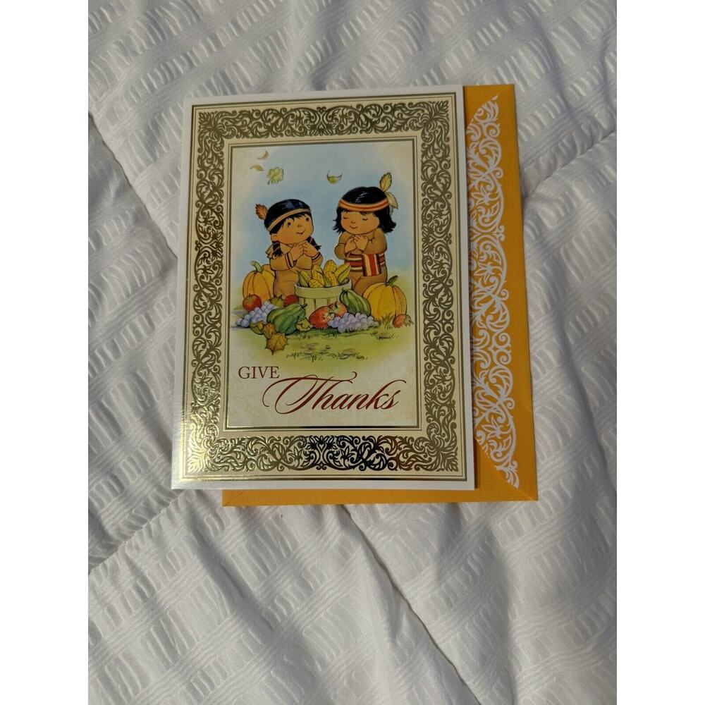 Happy Thanksgiving Card Greeting Give Thanks Native American Autumn Fall